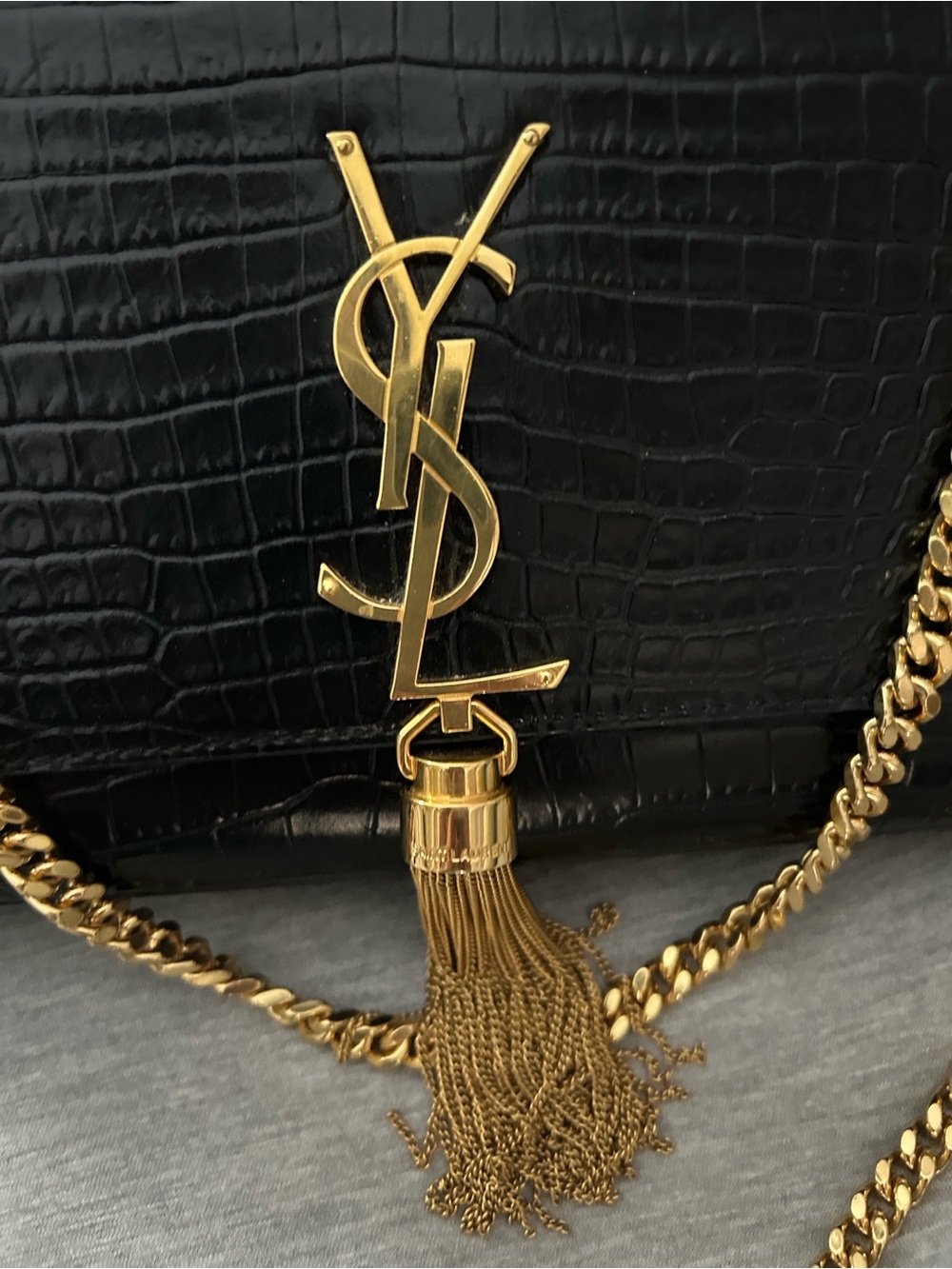 Saint Laurent Black Croc-Embossed Tassel Monogram Chain Crossbody - Picture 2 of 7